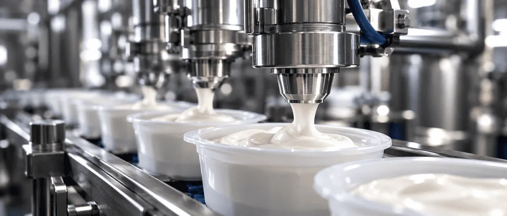 Close-up stainless steel dairy processing equipment